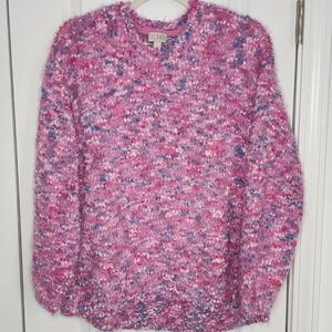 LOGO LORI GOLDSTEIN Fuzzy Knit Sweater Pink Blue White Speckled V Neck Women's M